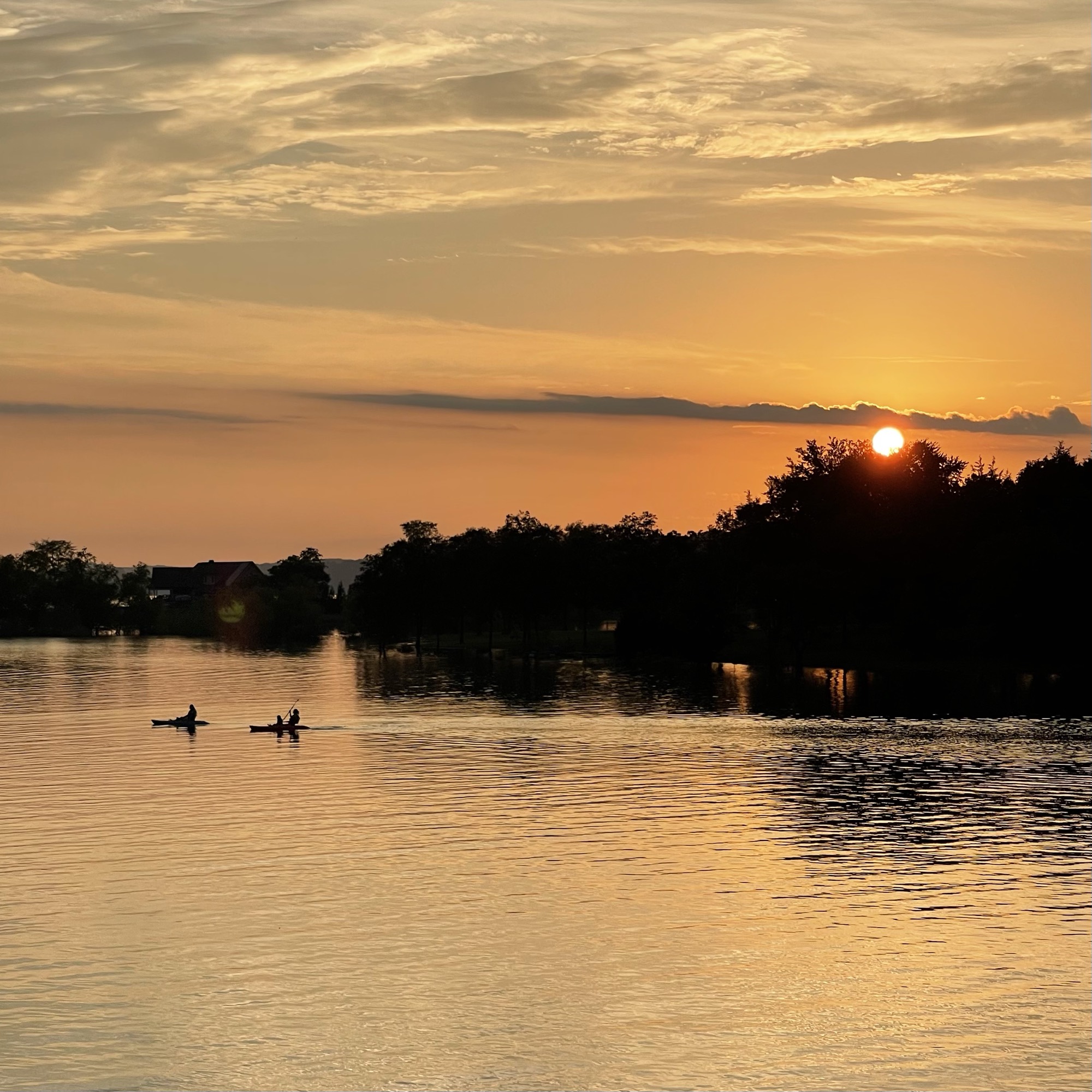 Two kayakers gliding through a golden sunset cove on Douglas Lake